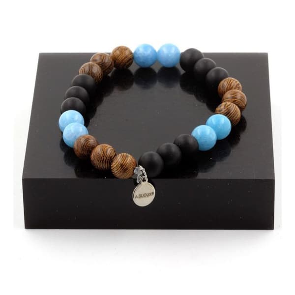 Armband - ABIJOUX - Blå kalcedon och svart onyx - 8 mm pärlor - Tillverkad i Frankrike - Både för män och kvinnor