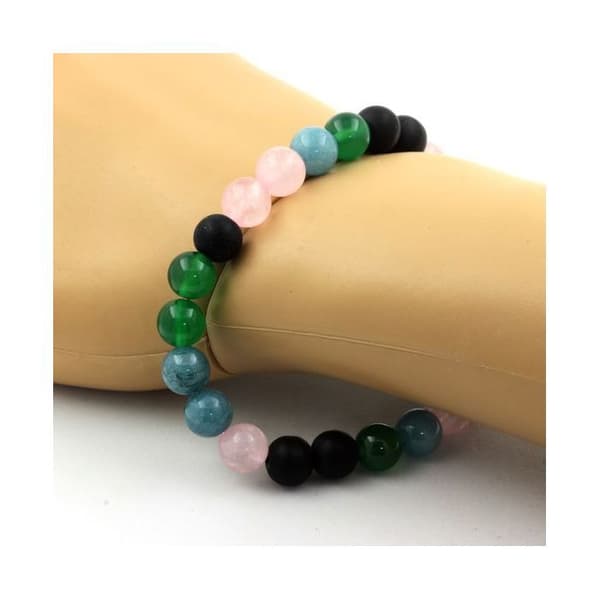 Stenar och mineraler. Pink Quartz Beads Armband + Matt Black Onyx + Aquamarine + Agate Made in France.