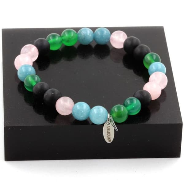 Stenar och mineraler. Pink Quartz Beads Armband + Matt Black Onyx + Aquamarine + Agate Made in France.