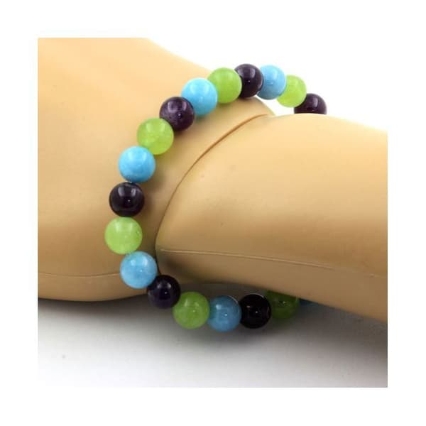 Stenar och mineraler. Ametist Beads Armband + Blå Kalcedon + Peridot 8 mm. Tillverkad i Frankrike.