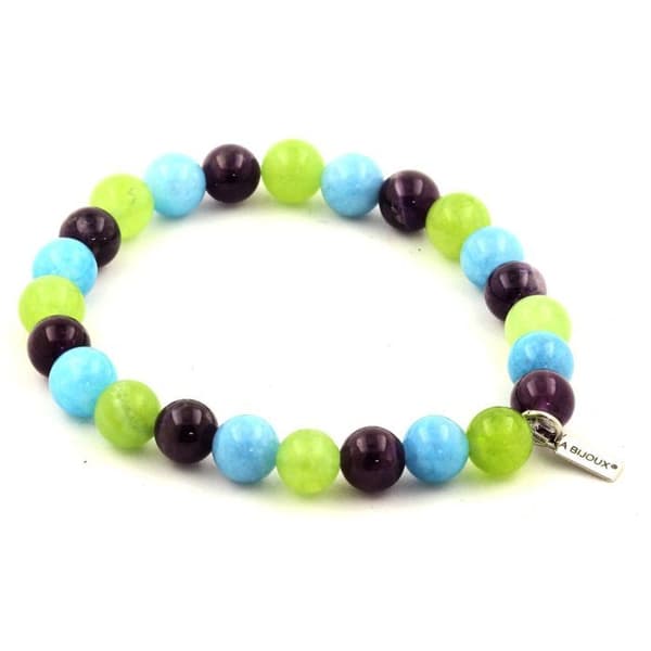 Stenar och mineraler. Ametist Beads Armband + Blå Kalcedon + Peridot 8 mm. Tillverkad i Frankrike.