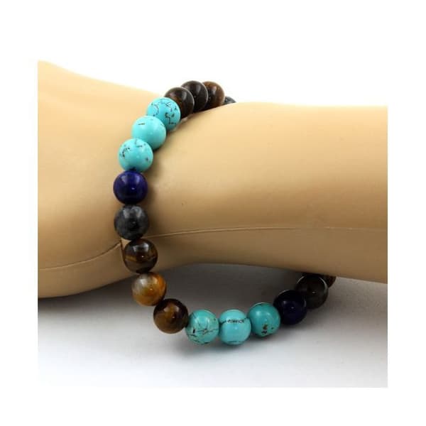 Stenar och mineraler. Labradorite + Tiger Eye + Turkos + Lapis Lazuli Bead Armband Tillverkat i Frankrike.