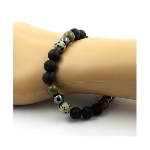 Dalmatisk Jaspis + Unakite + Hematite + Lava Beaded Armband 8 mm - ABIJOUX - Tillverkat i Frankrike