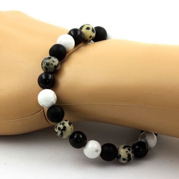 Armband - ABIJOUX - Howlite, Dalmatiner Jaspis, Matt Svart Onyx - 19-20 cm - Unisex - Tillverkad i Frankrike
