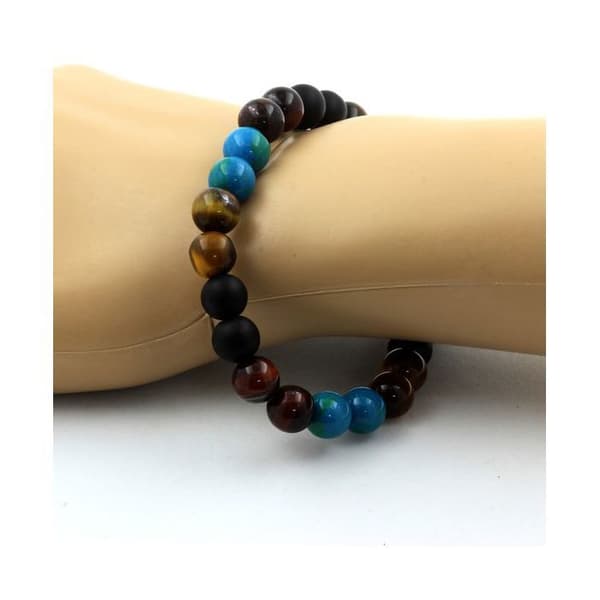 Stenar och mineraler. Red Tiger Eye Beads Armband + Chrysocolla + Mattsvart Onyx + Tillverkat i Frankrike.