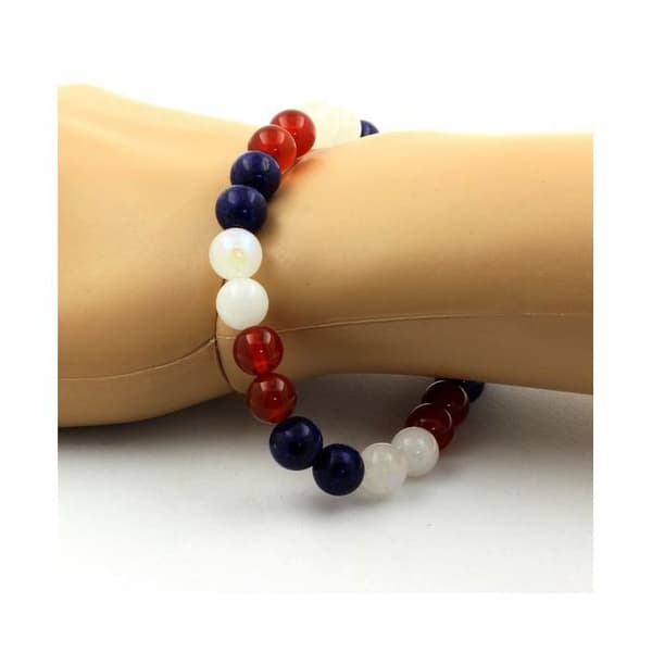 Stenar och mineraler. Armband Pärlor Röd Agat + Månsten + Lapis Lazuli 8 mm. Tillverkad i Frankrike.