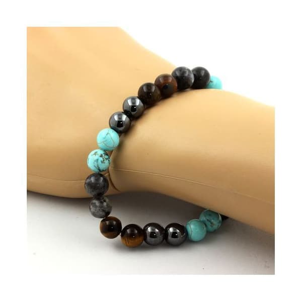 Stenar och mineraler. Labradorit + Tigeröga + Turkos + Hematit Beads Armband 8 Tillverkat i Frankrike.