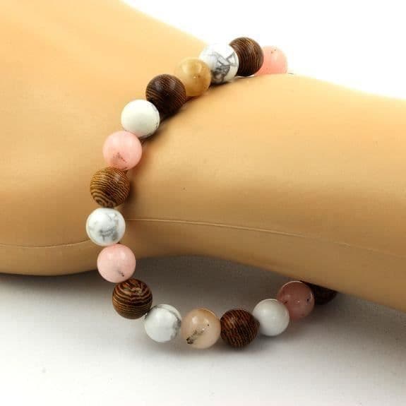 Armband - ABIJOUX - Rosopale och Howlite - 8 mm pärlor - Längd 19-20 cm - Tillverkat i Frankrike