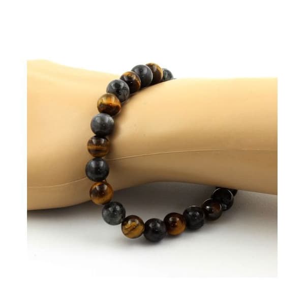 Stenar och mineraler. Labradorite + Tiger Eye Beads Armband 8 mm. Tillverkad i Frankrike.