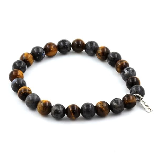 Stenar och mineraler. Labradorite + Tiger Eye Beads Armband 8 mm. Tillverkad i Frankrike.