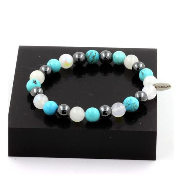Armband - ABIJOUX - Hematite + Turkos + Månsten - 8 mm - Unisex - Tillverkad i Frankrike