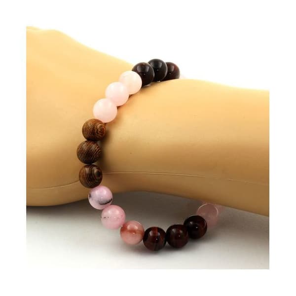 Stenar och mineraler. Pink Opal Beads Armband + Red Tiger Eye + Pink Quartz + wood Made in France.