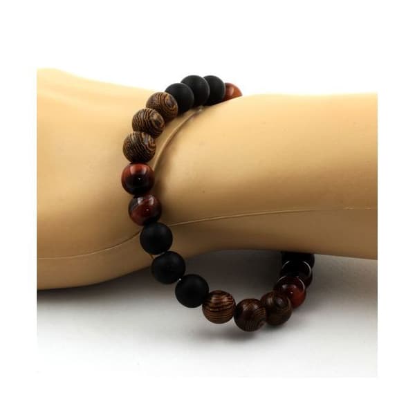 Armband Red Tiger Eye Beads + Matt Black Onyx + Wood 8 mm - ABIJOUX - Längd 19-20 cm - Blandat