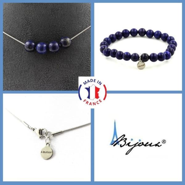 Stenar och mineraler. Smyckesset Armband Halsband 5 Lapis Lazuli Pärlor 8 mm. Kedja i anpassningsbar storlek.