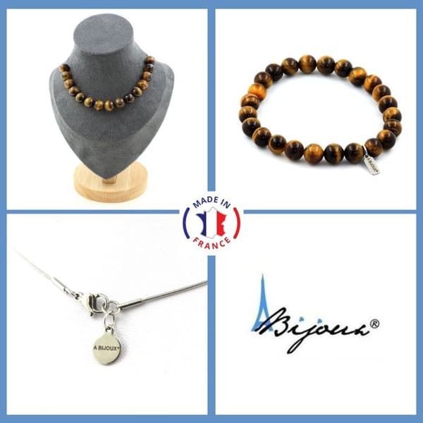 Stenar och mineraler. Smyckesset Armband Halsband 15 Tiger Eye Beads 10 mm. Kedja Anpassningsbar storlek.