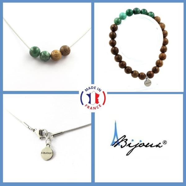 Stenar och mineraler. Smyckesset Armband Halsband gröna glimmerpärlor från Tanzania + trä 8 Anpassningsbar storlek.