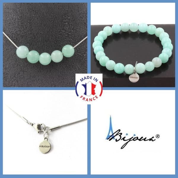 Stenar och mineraler. Smyckesset Armband Halsband 5 Amazonite-pärlor 8 mm. Kedja i anpassningsbar storlek.