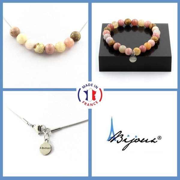 Stenar och mineraler. Smyckesset Armband Halsband Sunstone Beads + Rhodonite + Anpassningsbar storlek.