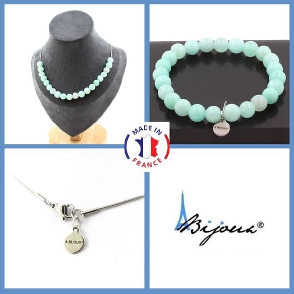 Stenar och mineraler. Smyckesset Armband Halsband 20 Amazonite Beads 8 mm. Kedja i anpassningsbar storlek.