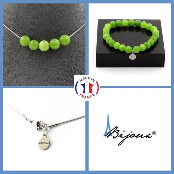 Stenar och mineraler. Smyckesset Armband Halsband 5 Peridot Beads 8 mm. Stålkedja Anpassningsbar storlek.