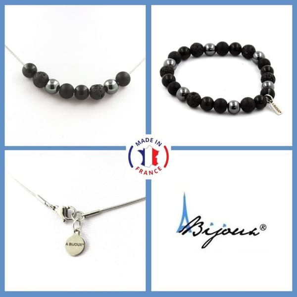 Stenar och mineraler. Smyckesset Armband Halsband Pärlor Hematit + Lava + Mattsvart Onyx Anpassningsbar storlek.