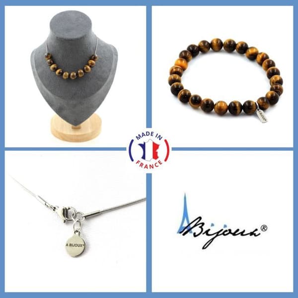 Stenar och mineraler. Smyckesset Armband Halsband 10 Tiger Eye Beads 10 mm. Kedja Anpassningsbar storlek.