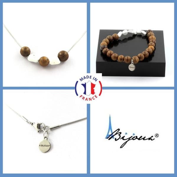 Stenar och mineraler. Smyckesset Armband Halsband 8 mm träpärlor + Howlite från USA. Anpassningsbar storlek.