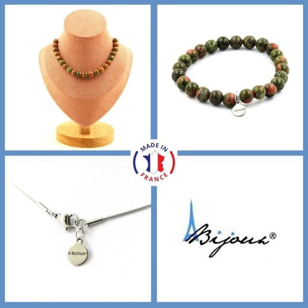 Stenar och mineraler. Smyckesset Armband Halsband 20 Unakite Beads 8 mm. Stålkedja Anpassningsbar storlek.