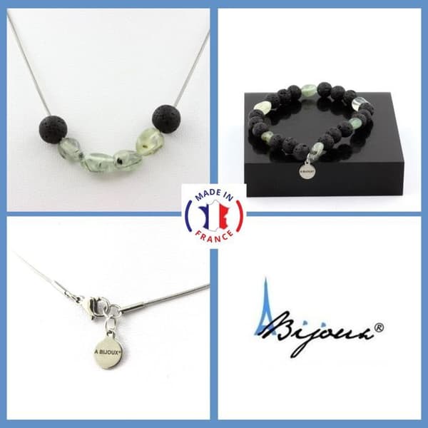 Stenar och mineraler. Smyckesset Armband Halsband Prehnite Beads från Kanada + Lava 8 mm. Anpassningsbar storlek.