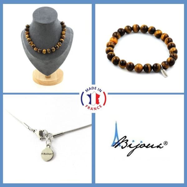 Stenar och mineraler. Smyckesset Armband Halsband 20 Tiger Eye Beads 10 mm. Kedja Anpassningsbar storlek.