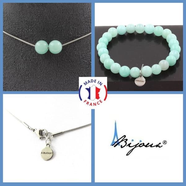 Stenar och mineraler. Smyckesset Armband Halsband 2 Amazonite-pärlor 8 mm. Kedja i anpassningsbar storlek.