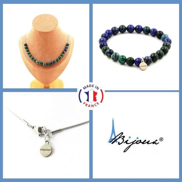 Stenar och mineraler. Smyckesset Armband Halsband 20 Azurite Chrysocolla Beads 8 mm. Anpassningsbar storlek.