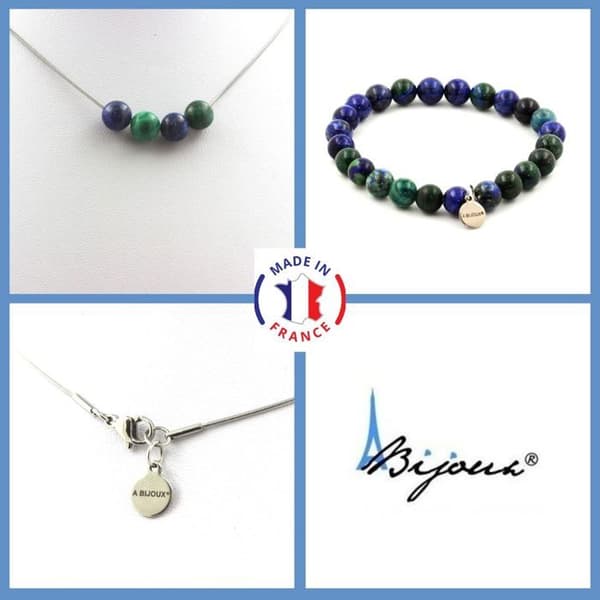 Stenar och mineraler. Smyckesset Armband Halsband 4 Azurite Chrysocolla Pärlor 8 mm. Anpassningsbar storlek.