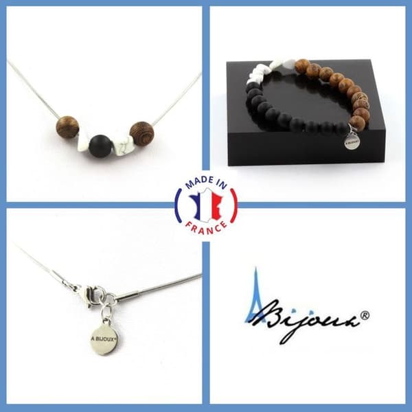 Stenar och mineraler. Smyckesset Armband Halsband 8 mm träpärlor + Howlite från USA + Anpassningsbar storlek.