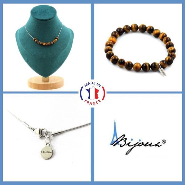 Stenar och mineraler. Smyckesset Armband Halsband 10 Tiger Eye Beads 6 mm. Kedja i anpassningsbar storlek.