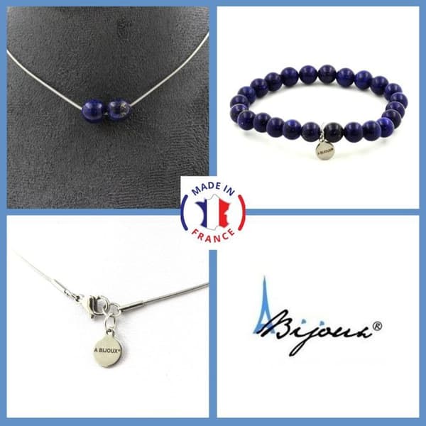Stenar och mineraler. Smyckesset Armband Halsband 2 Lapis Lazuli Pärlor 8 mm. Kedja i anpassningsbar storlek.