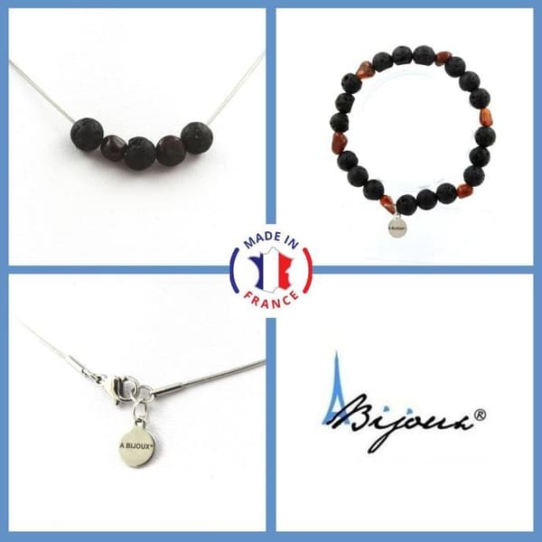 Stenar och mineraler. Smyckesset Armband Halsband 8 mm Lava Beads + Granat Anpassningsbar storlek.