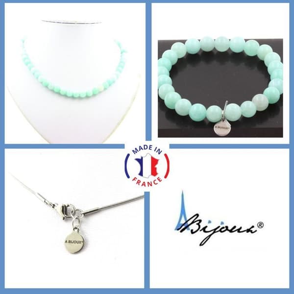 Stenar och mineraler. Smyckesset Armband Halsband Amazonite pärlor 8 mm. Stålkedja Anpassningsbar storlek.
