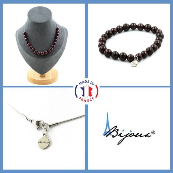 Parure smycken - Ett Smycke - Granat - 20 Pärlor 8 mm - Rostfritt stål - Anpassningsbar storlek