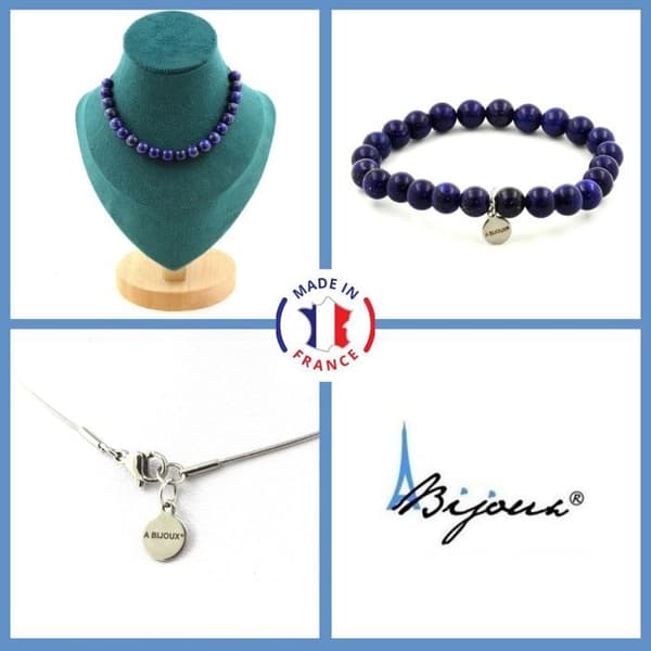 Stenar och mineraler. Smyckesset Armband Halsband 20 Lapis Lazuli Pärlor 8 mm. Kedja i anpassningsbar storlek.