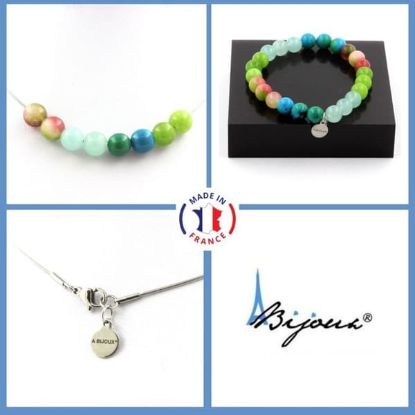Stenar och mineraler. Smyckesset Armband Halsband Peridot + Chrysocolla + Angelite pärlor Anpassningsbar storlek.