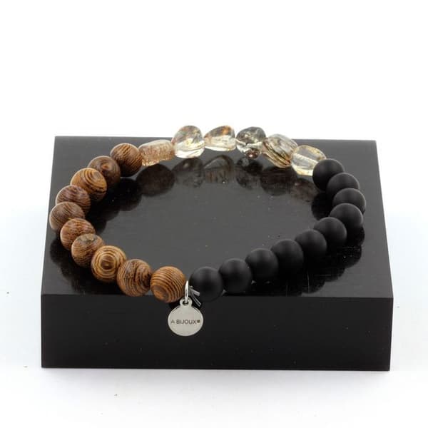 Super Seven armband (Melody's Stone) från Brasilien + Mattsvarta Onyxpärlor + 8 mm trä