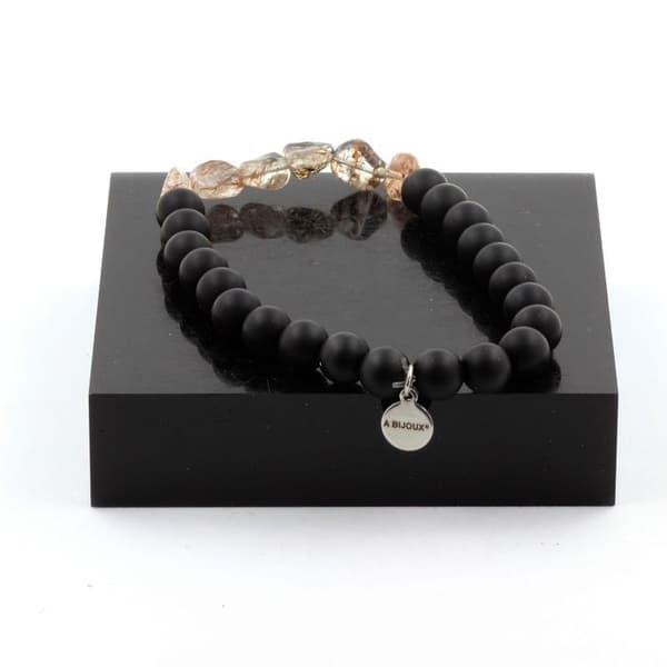 Super Seven Armband (Melody's Stone) från Brasilien + mattsvarta onyxpärlor 8 mm