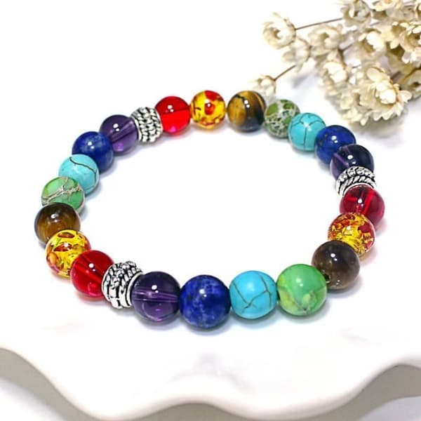 B0272 - 7 Chakra Healing Beaded Armband Natural Lava Stone Tiger Eye 8MM Beaded Armband För Kvinnor Män Yoga Smycken Leverera
