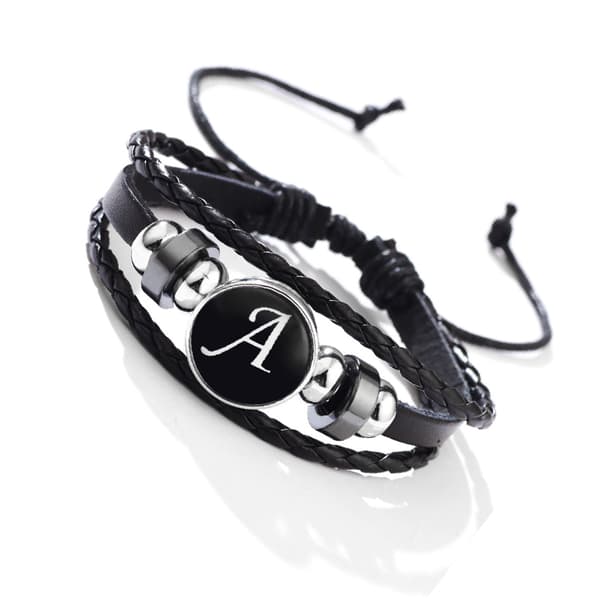 INF Armband med bokstaven A - Snyggt läderarmband med hematit och glasspänne