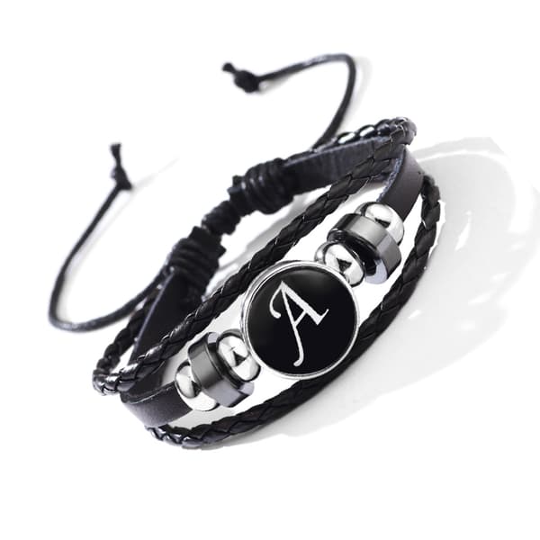INF Armband med bokstaven A - Snyggt läderarmband med hematit och glasspänne