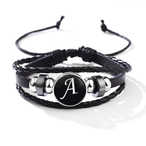 INF Armband med bokstaven A - Snyggt läderarmband med hematit och glasspänne