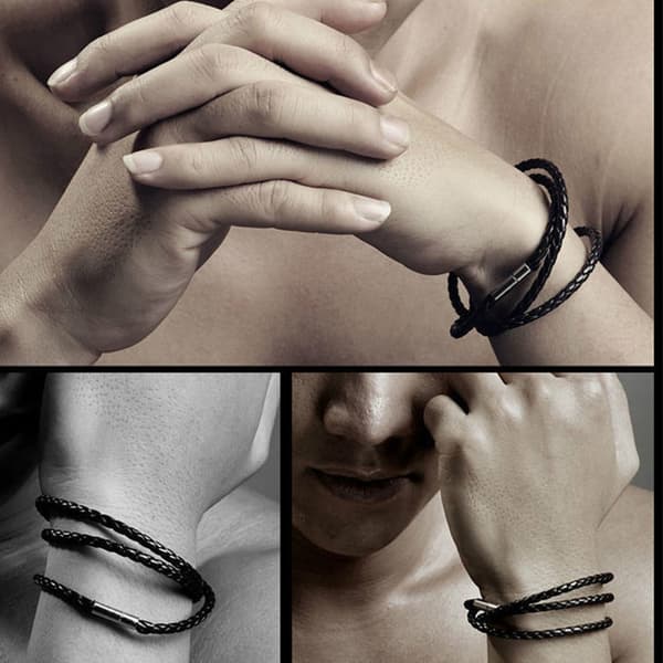 INF Svart läderarmband med kopparföljare