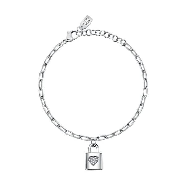 LA PETITE STORY Armband i vit metall och kristall - Märke - Modell - Hänglås - Hjärta