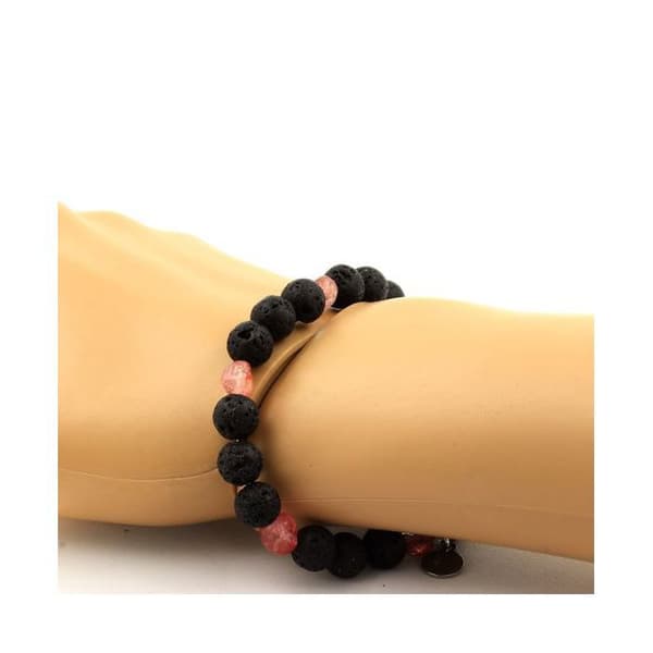 Armband - ABIJOUX - Jordgubbskvarts från Madagaskar - Lava pärlor 8 mm - Tillverkad i Frankrike - 19-20 cm